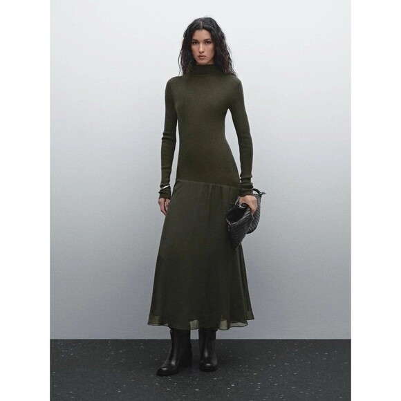 MASSIMO DUTTI Contrast Knit Dress Olive Green Size Large Mock Neck Flowy Bottom - Picture 1 of 16